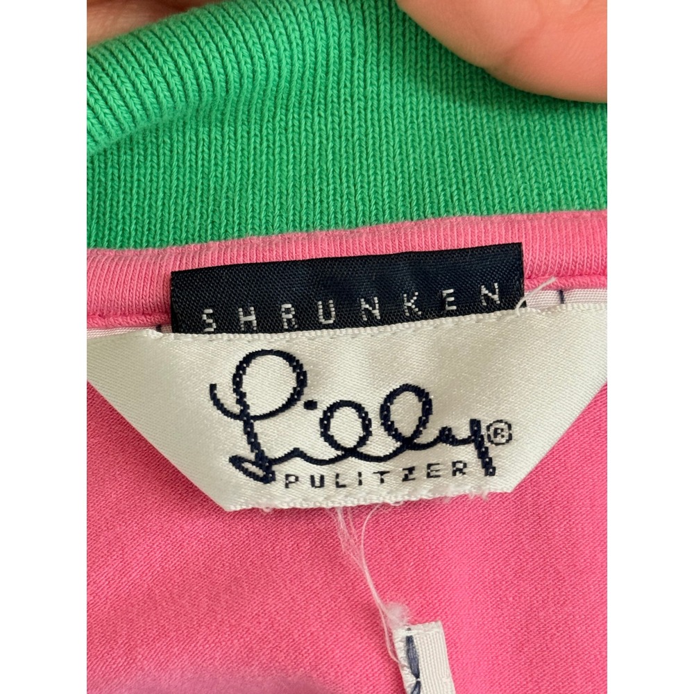 Lilly Pulitzer Shrunken Polo Shirt Pink Green Contrast Collar Palm Tree Size M - Picture 4 of 4